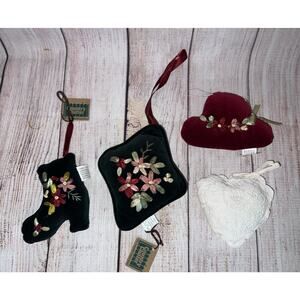 Lot 4 Vintage Fabric Embroidered & Lace Ornament Country Clutter Shoe Hat Heart